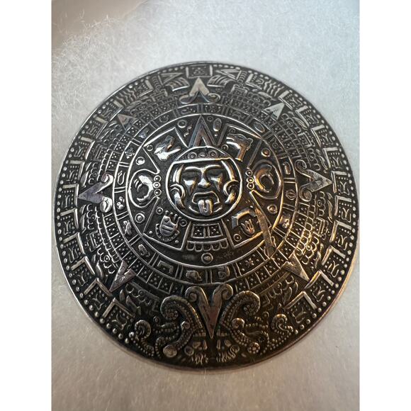 Sterling Silver Aztec Sun Calendar Mexico 2" Pendant Brooch Pin 925 - Picture 3 of 10